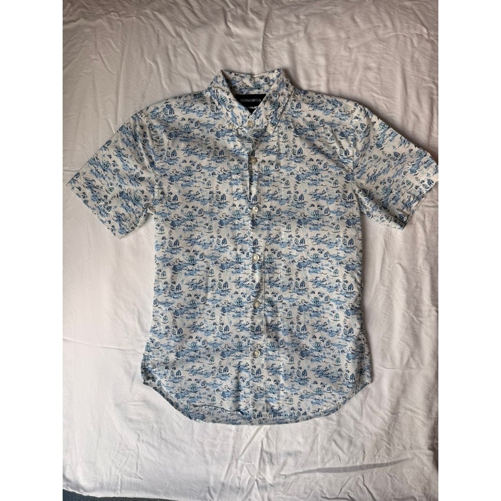 Bonobos Mens Blue White Nautical Sailboat Print Cotton Short Sleeve Shirt